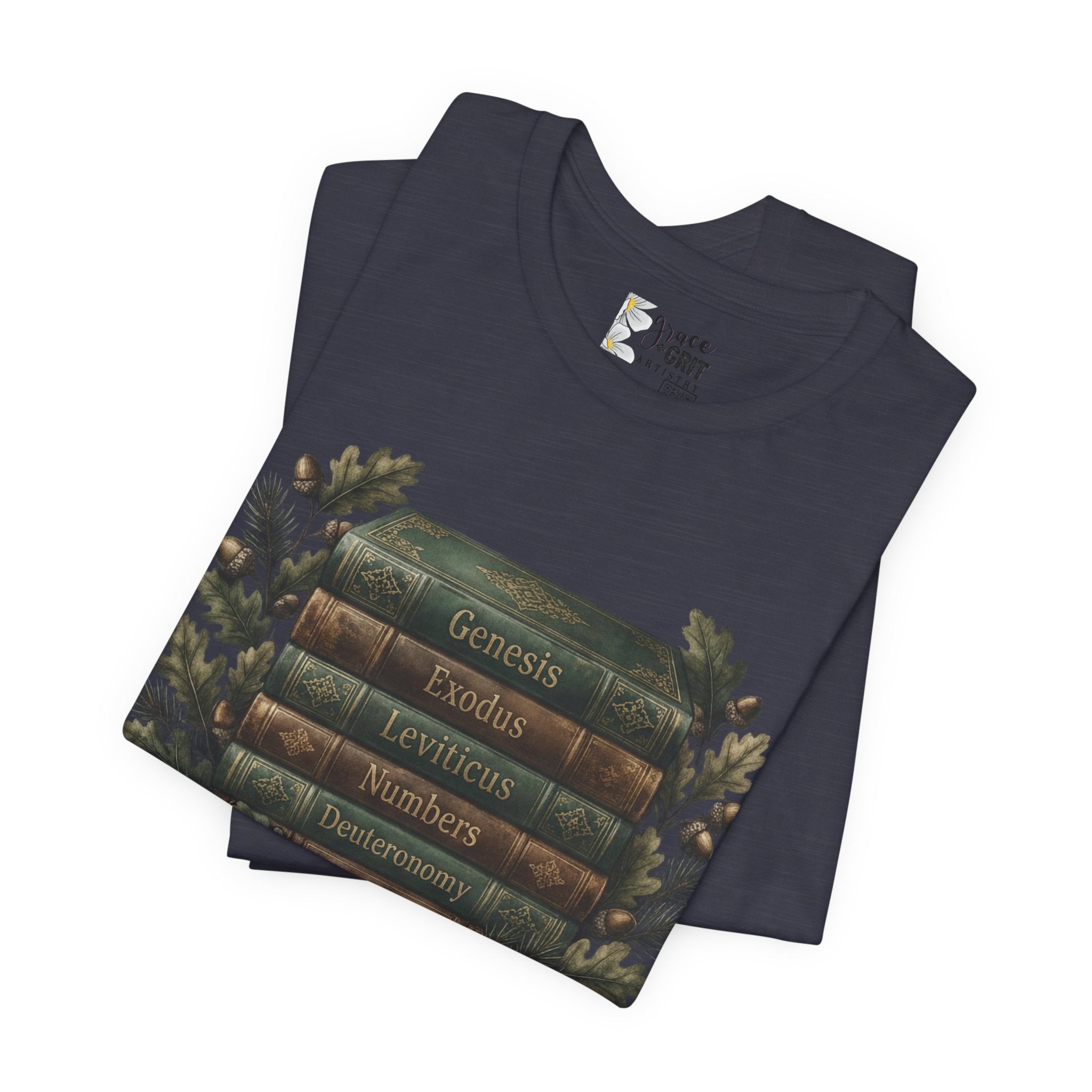 Bible Verse Stack T-Shirt — Genesis Exodus Leviticus Numbers Deuteronomy Floral Graphic