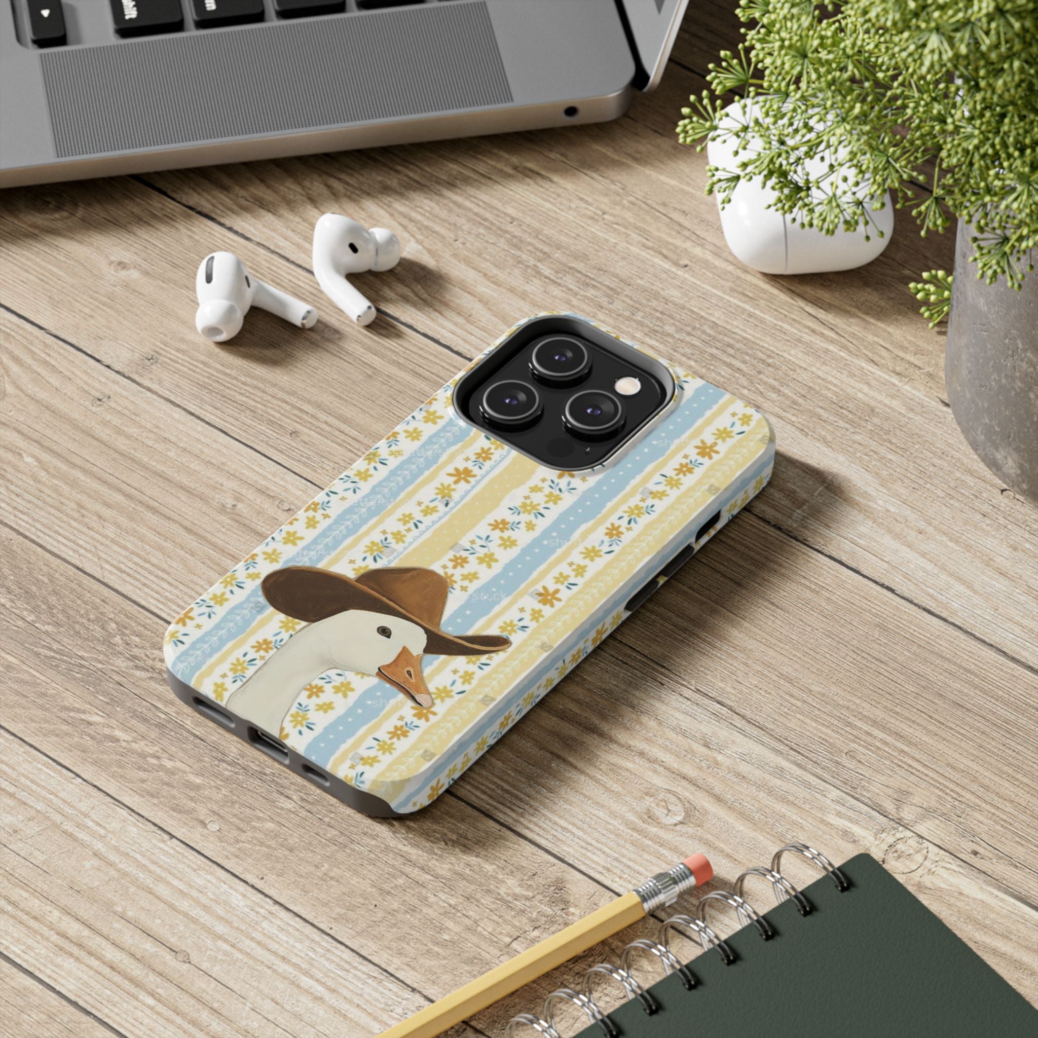 Cowboy Goose Tough Phone Case — Cute Farm Animal iPhone Case with Floral Stripes
