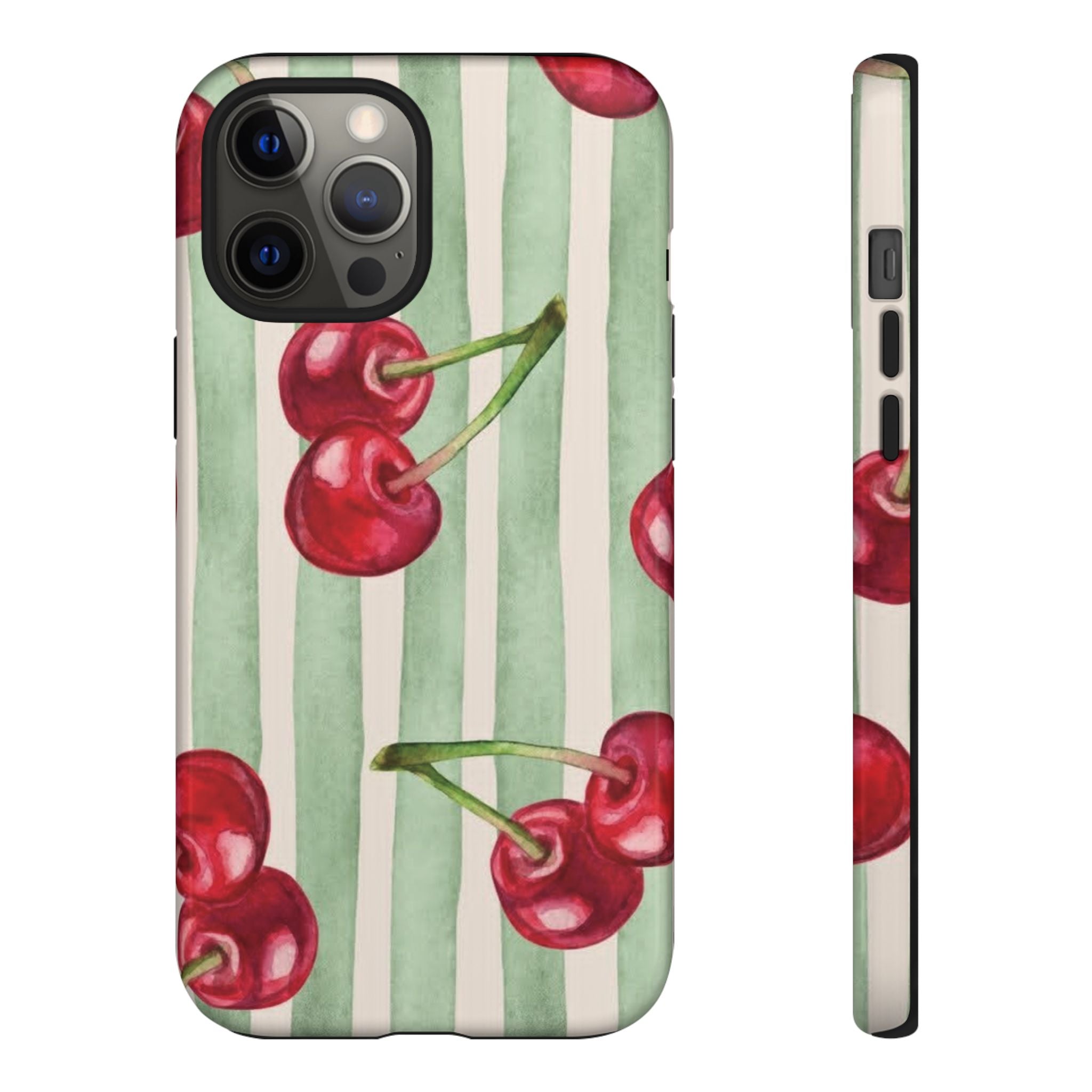 Cherry Stripe Phone Case – Retro Watercolor Cherries on Mint Stripes