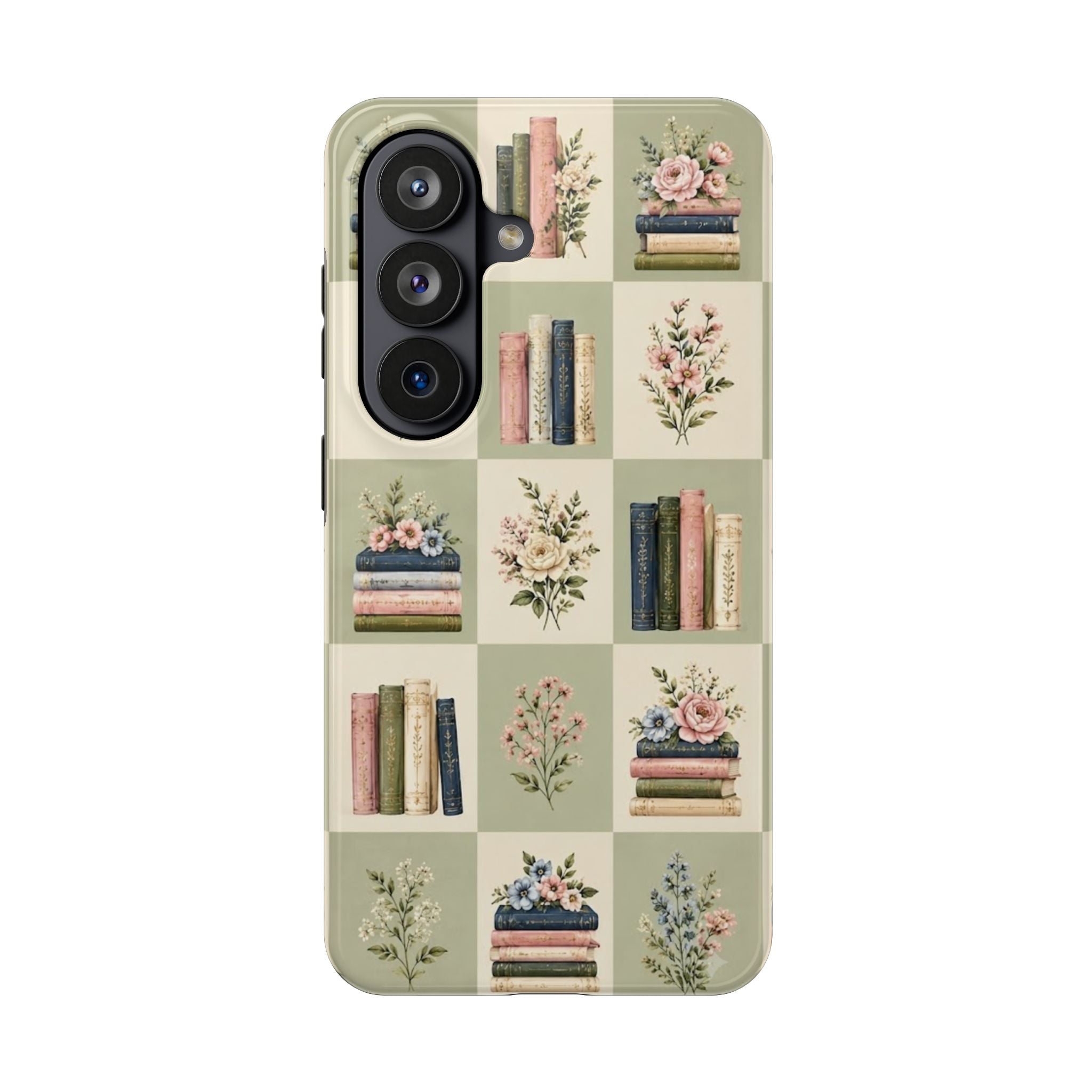 Floral Bookshelf Tough Phone Case — Vintage Floral & Stacked Books Pattern