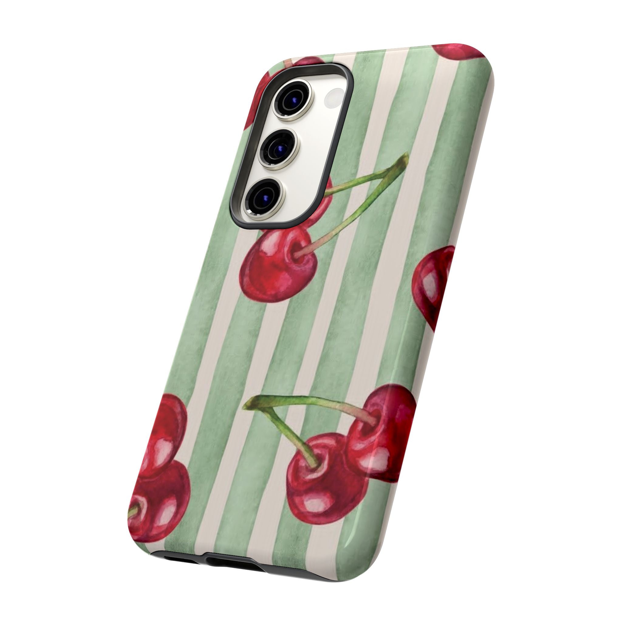 Cherry Stripe Phone Case – Retro Watercolor Cherries on Mint Stripes