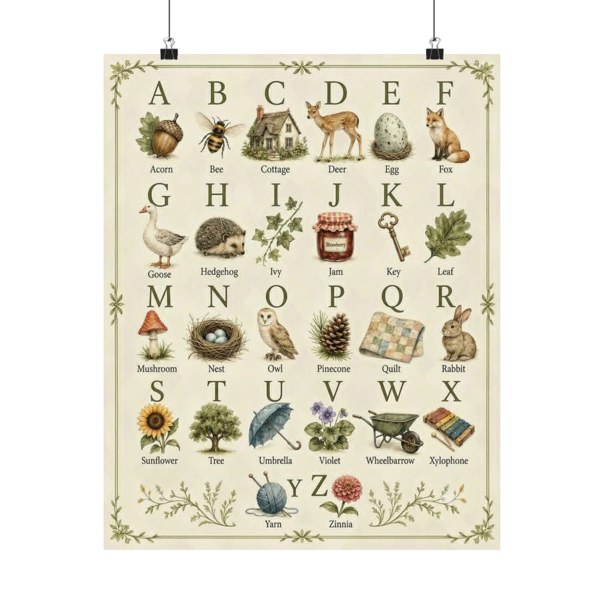 Vintage Alphabet Poster — Botanical & Woodland Animal ABC Matte Print