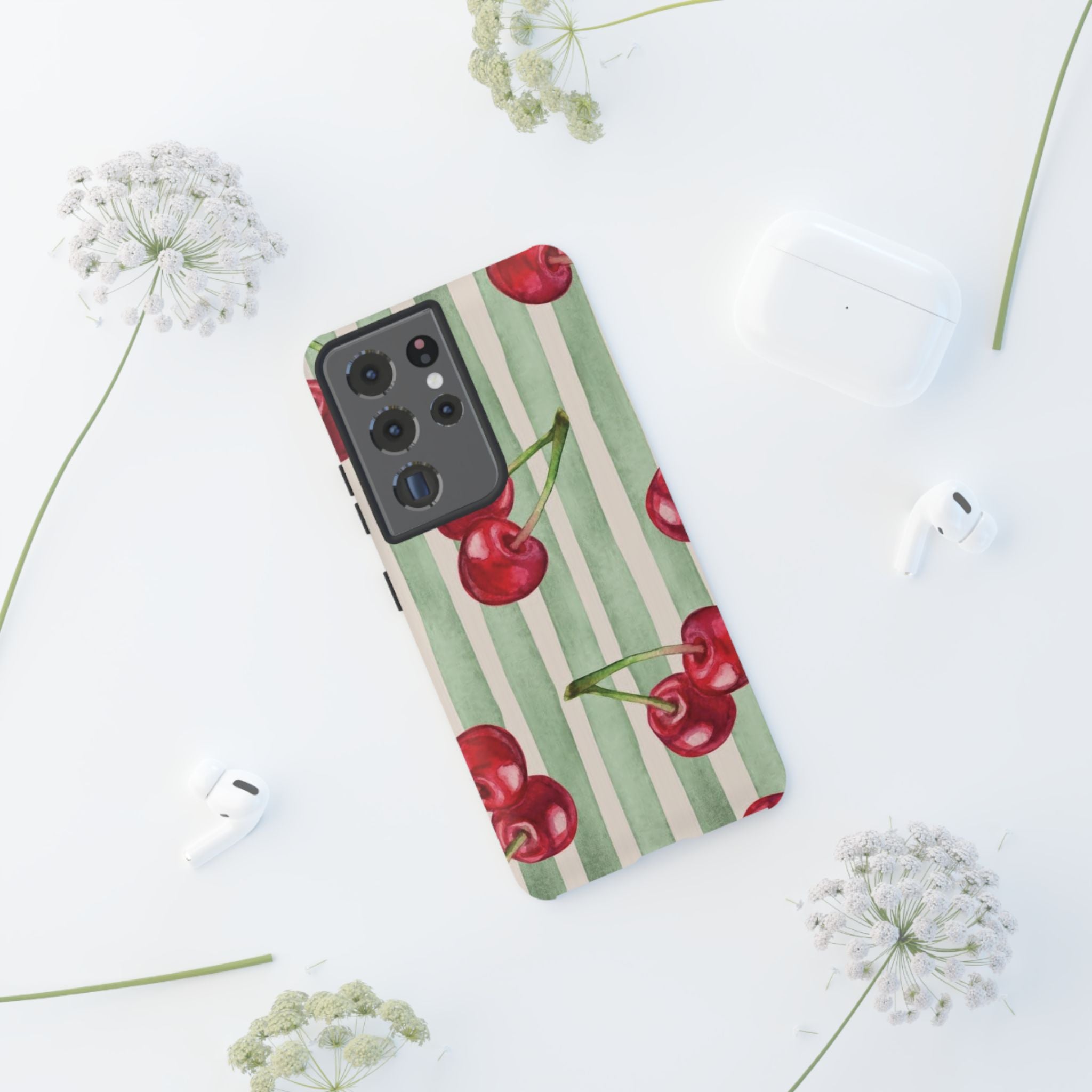 Cherry Stripe Phone Case – Retro Watercolor Cherries on Mint Stripes
