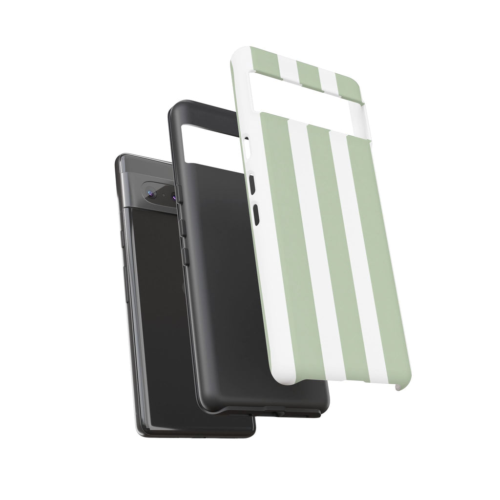 Striped Sage Tough Phone Case — Durable Green & White Vertical Stripe Phone Cover