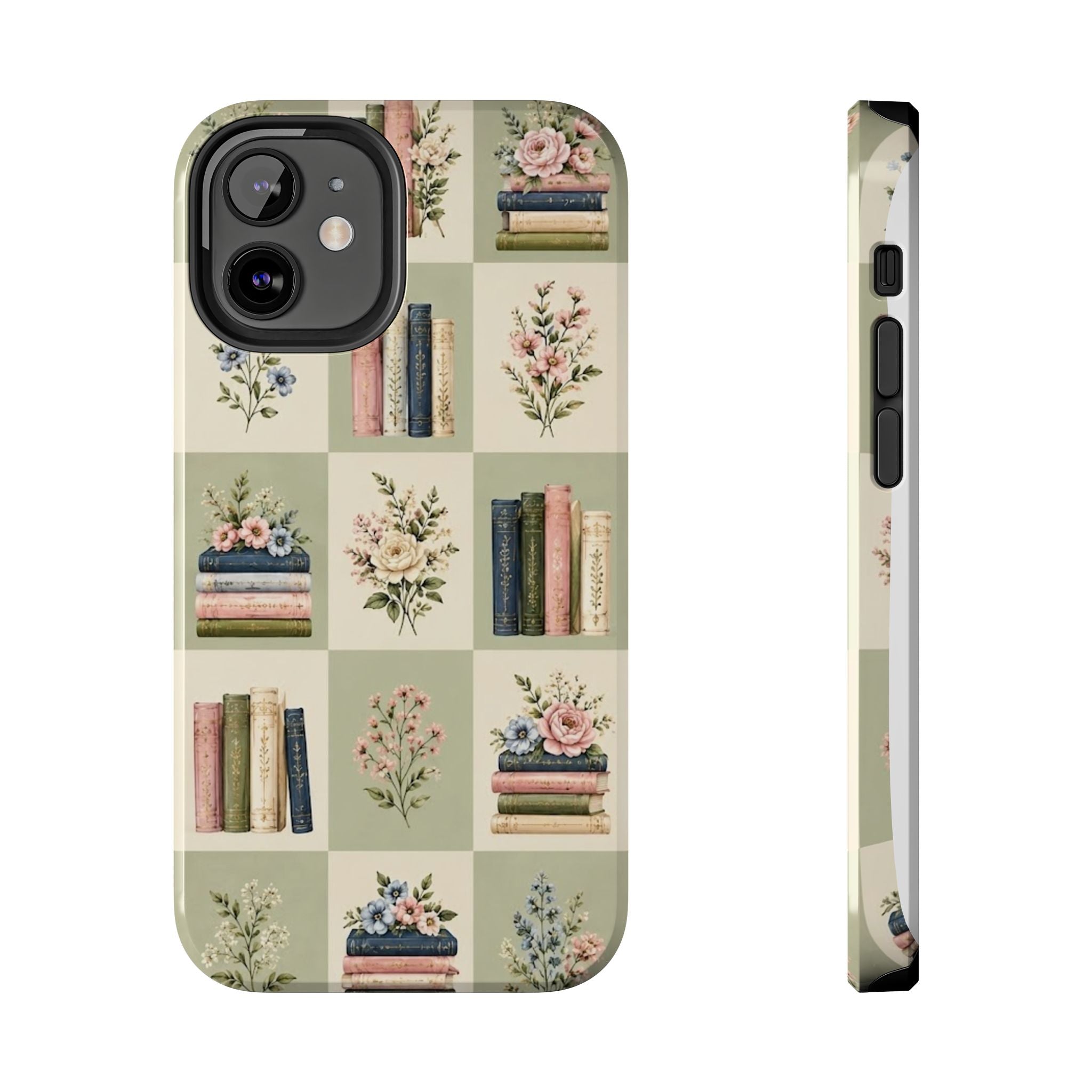 Floral Bookshelf Tough Phone Case — Vintage Floral & Stacked Books Pattern