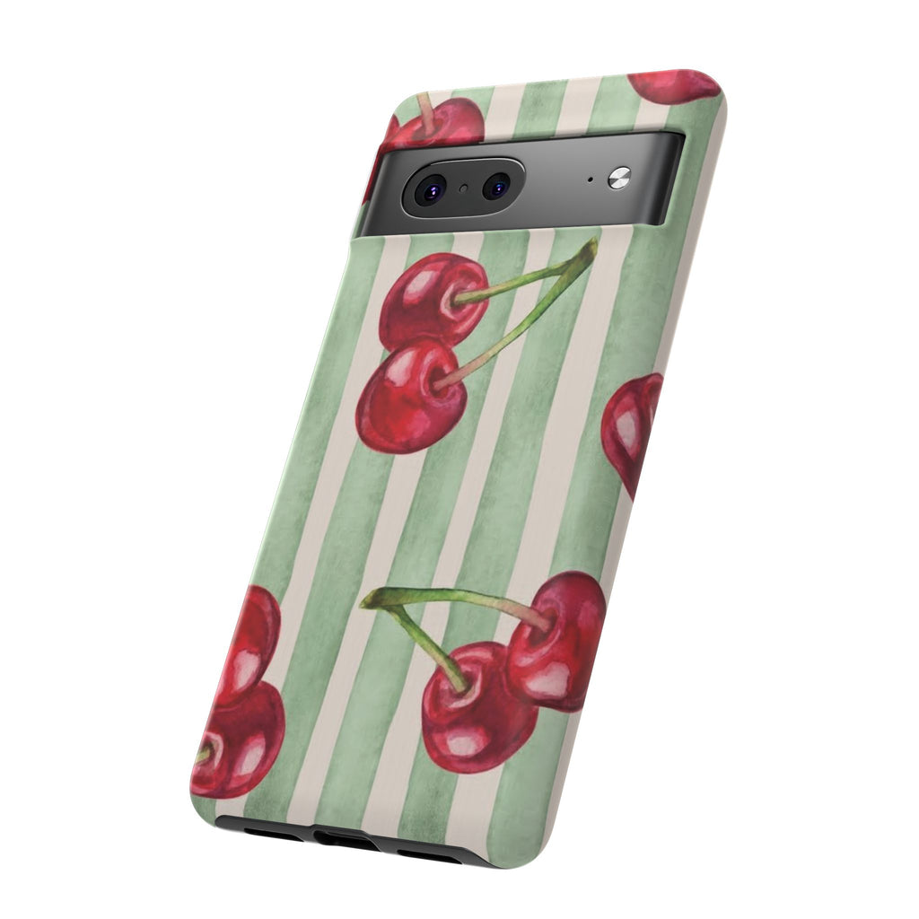 Cherry Stripe Phone Case – Retro Watercolor Cherries on Mint Stripes