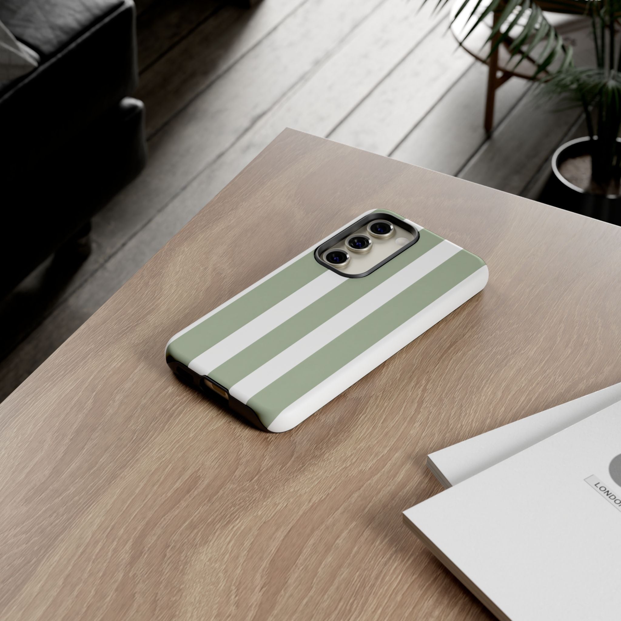 Striped Sage Tough Phone Case — Durable Green & White Vertical Stripe Phone Cover