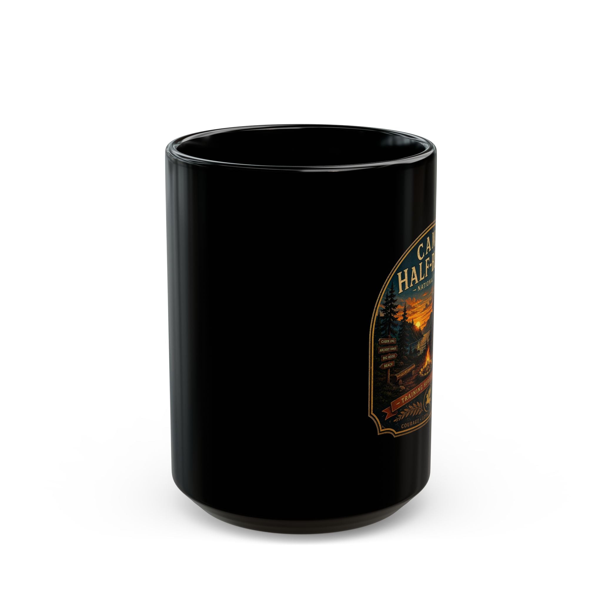 Camp Half-Blood Black Mug — Mythical Cabin & Campfire Coffee Cup (11oz/15oz)