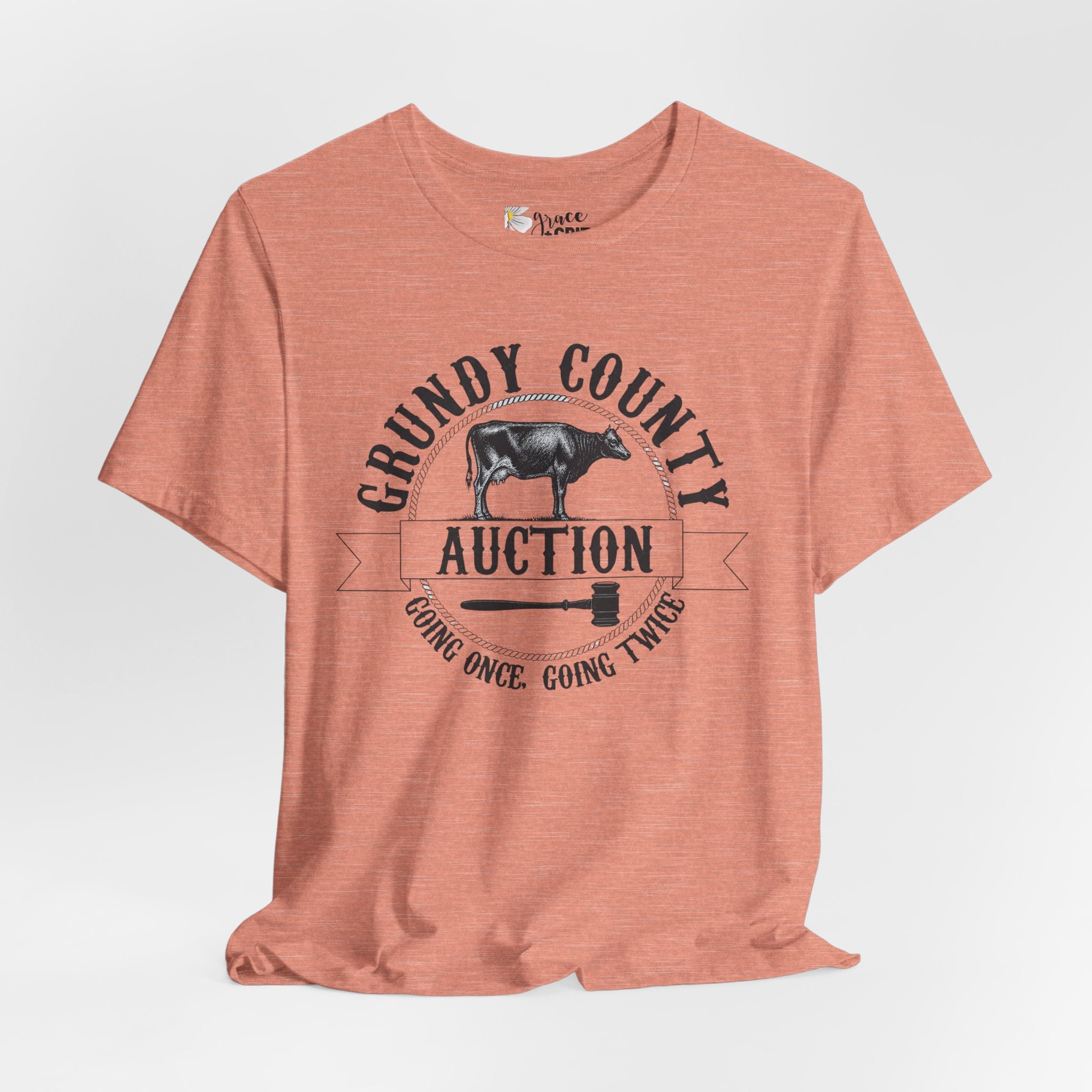 Grundy County Auction Tee — 'Going Once, Going Twice' Farm Livestock Graphic T‑Shirt