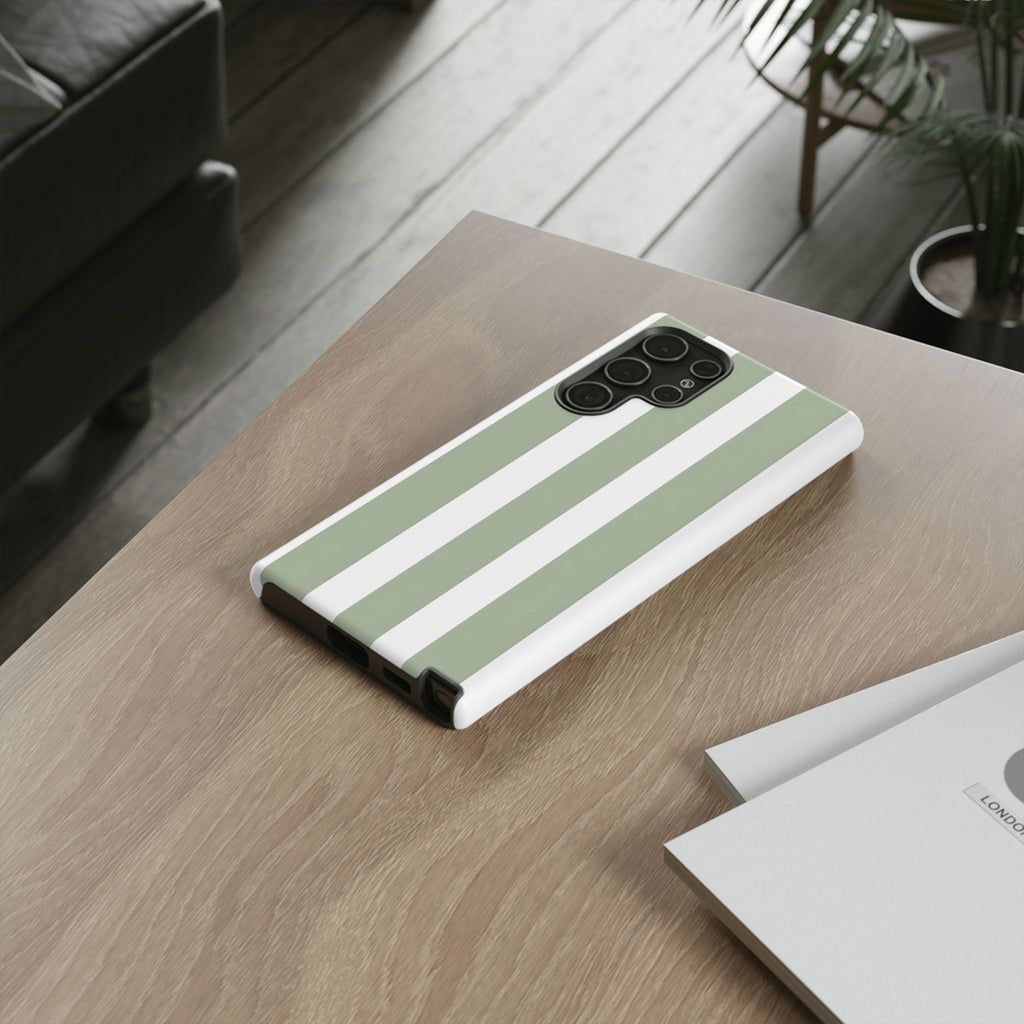 Striped Sage Tough Phone Case — Durable Green & White Vertical Stripe Phone Cover