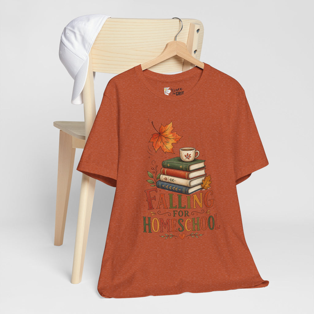 Fall Homeschool T‑Shirt – “Falling into Homeschool” Autumn Books & Coffee Tee