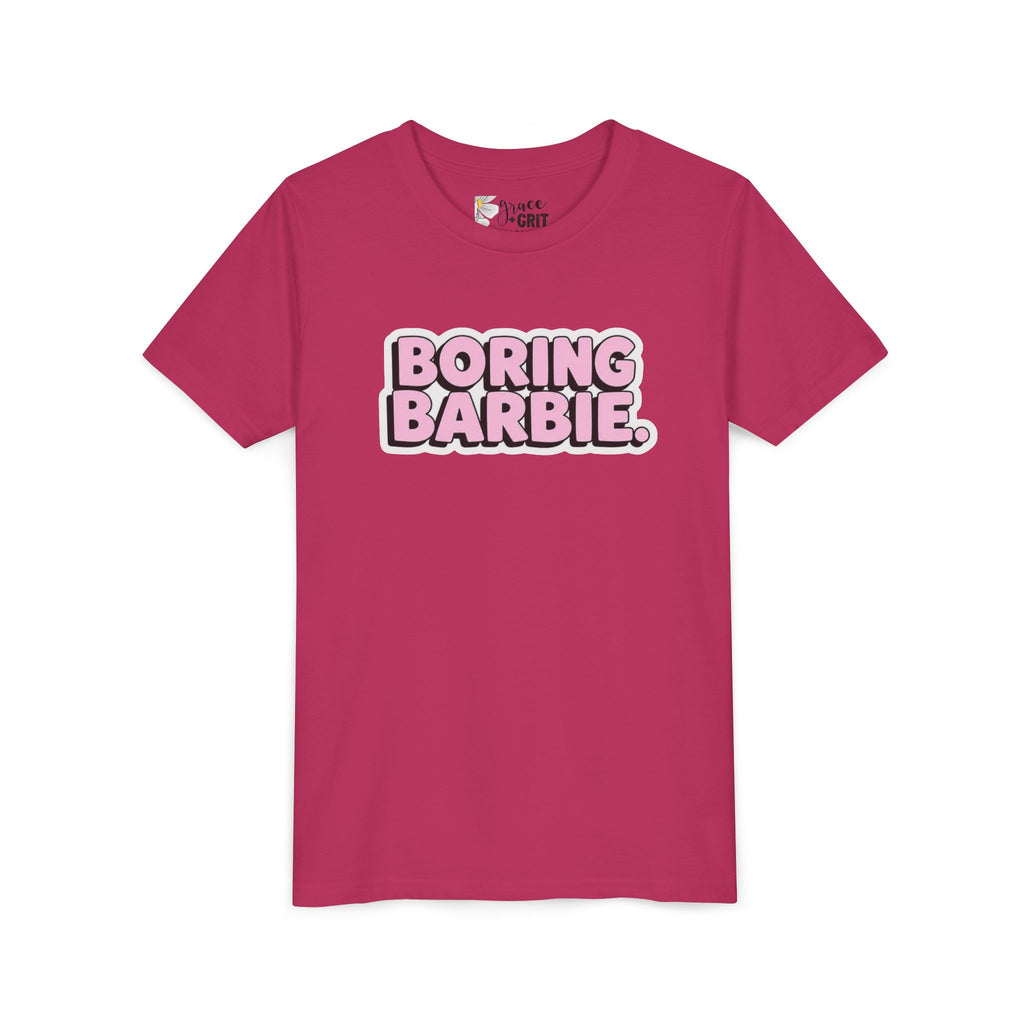 Youth Tee — "Boring Barbie" Pink Bubble Letter Graphic
