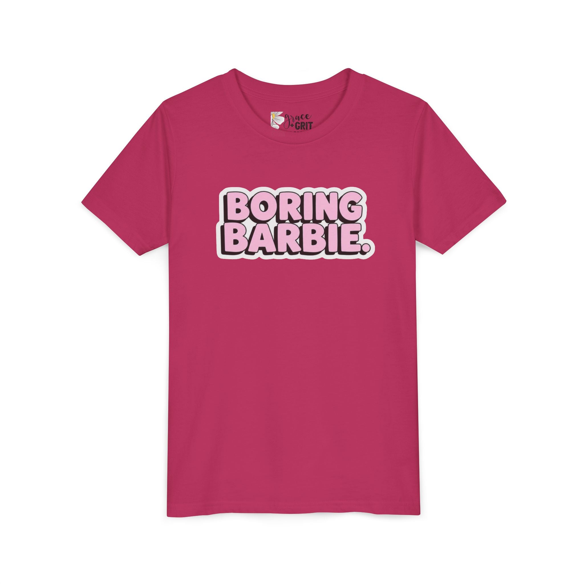 Youth Tee — "Boring Barbie" Pink Bubble Letter Graphic
