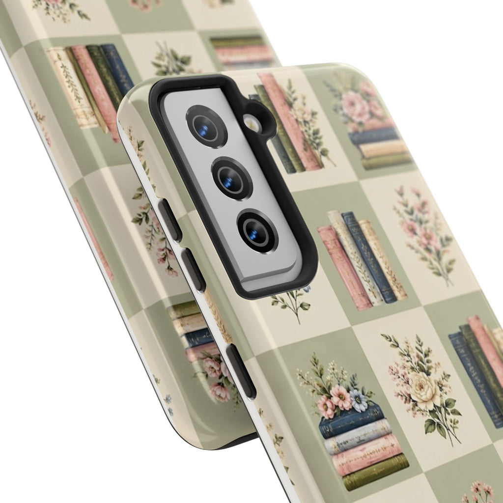 Floral Bookshelf Tough Phone Case — Vintage Floral & Stacked Books Pattern