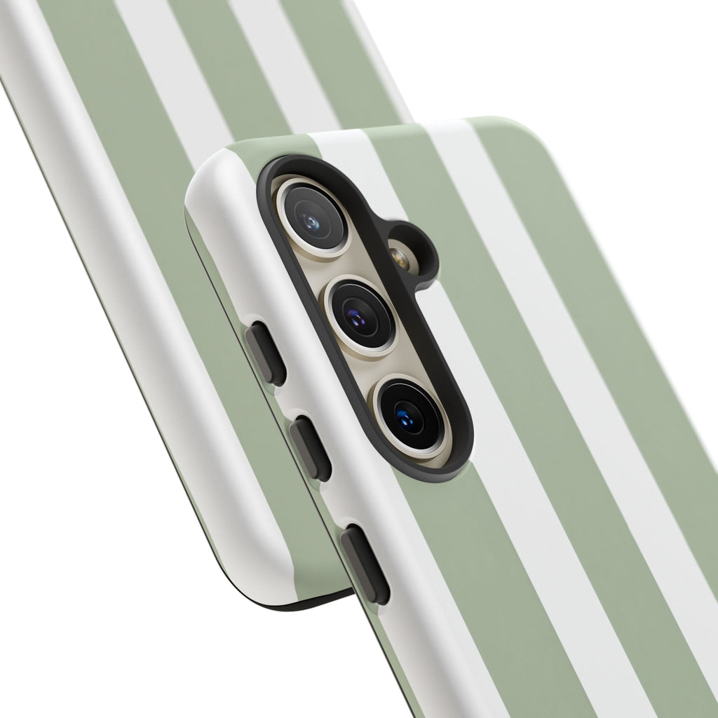 Striped Sage Tough Phone Case — Durable Green & White Vertical Stripe Phone Cover