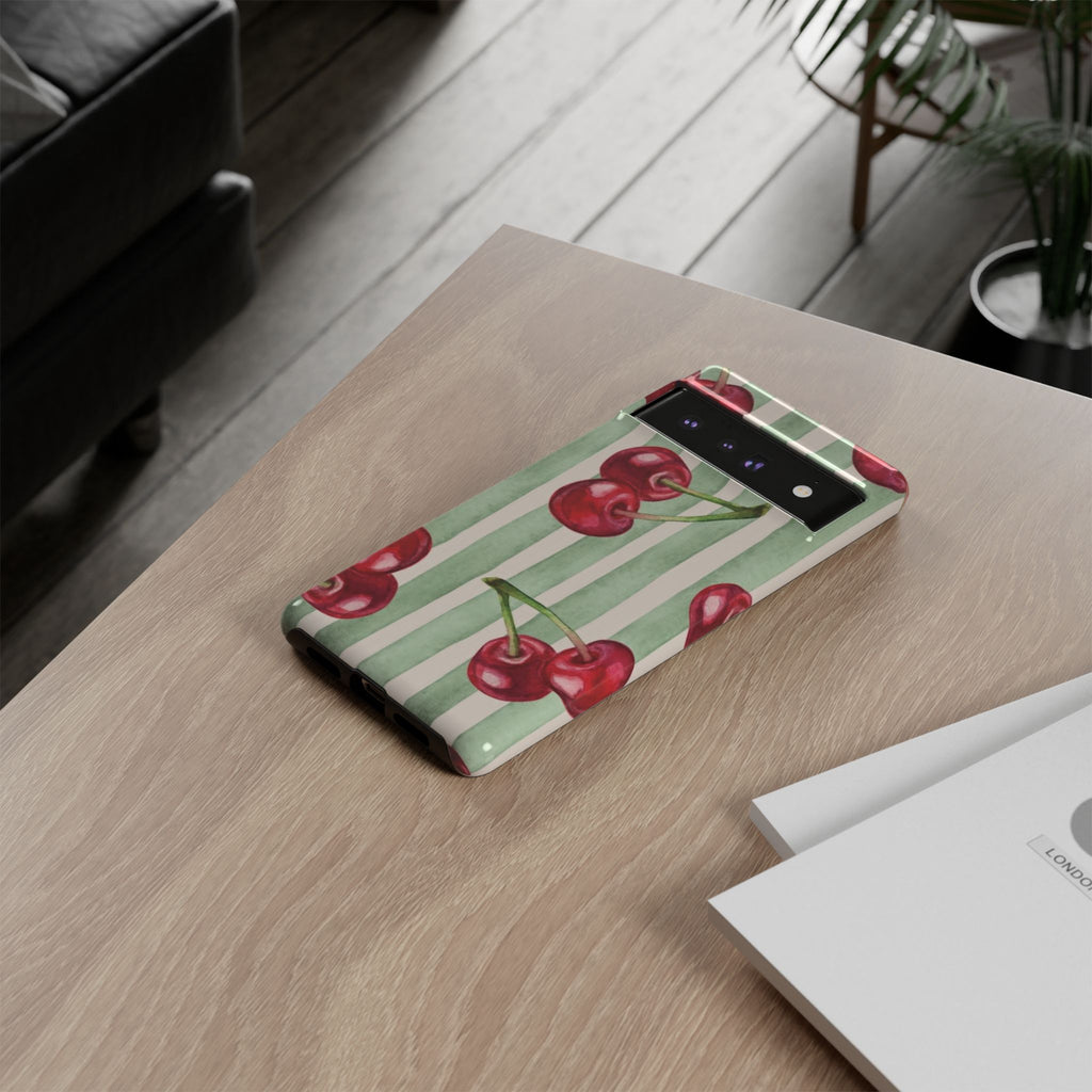 Cherry Stripe Phone Case – Retro Watercolor Cherries on Mint Stripes