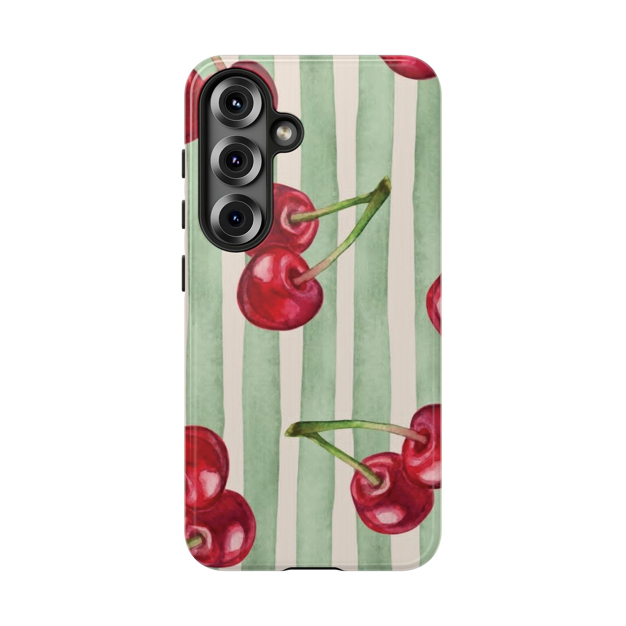 Cherry Stripe Phone Case – Retro Watercolor Cherries on Mint Stripes