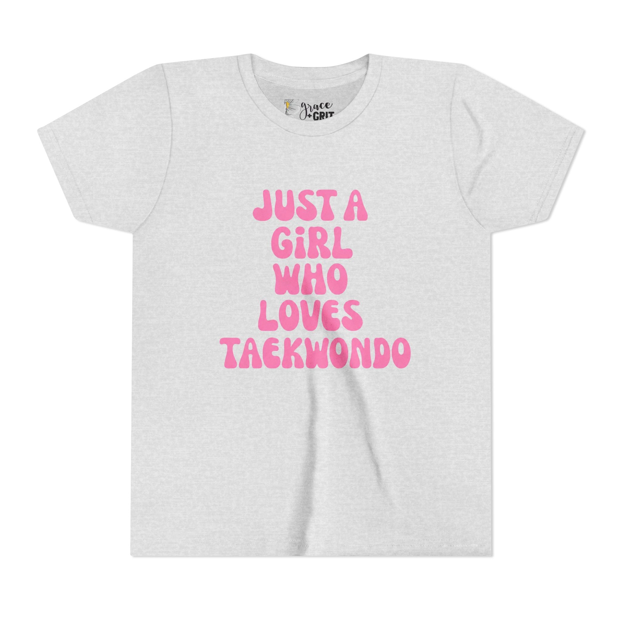 Just a Girl Who Loves Taekwondo Youth Tee | Pink Text Martial Arts Shirt