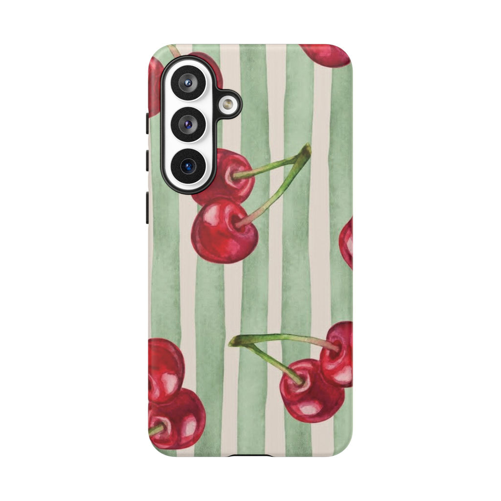 Cherry Stripe Phone Case – Retro Watercolor Cherries on Mint Stripes