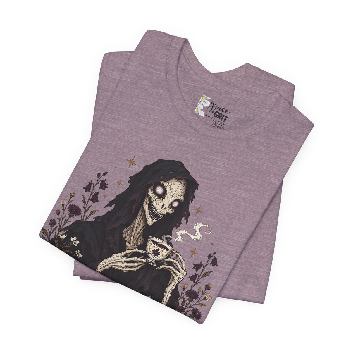 Gothic Reaper Tea T-Shirt — "Sorrel Tea: Hottest Tea in Purgatorium" Graphic Tee