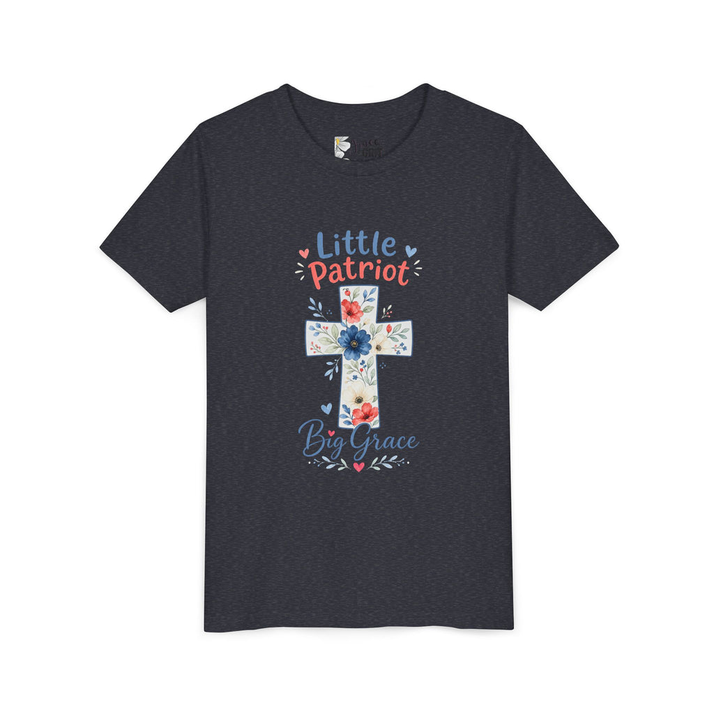 Little Patriot Big Grace Youth Tee — Floral Cross Christian Kids Shirt