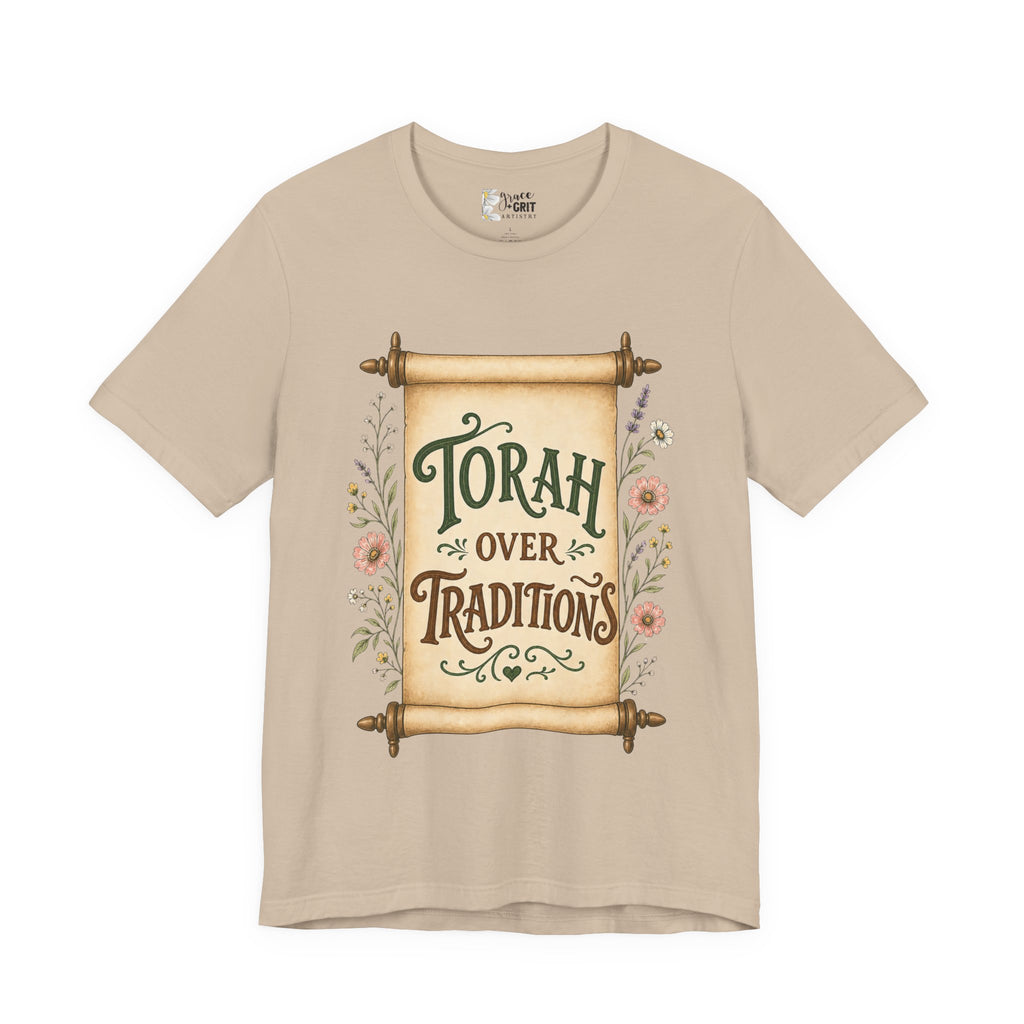 Torah Over Traditions T-Shirt — Vintage Scroll Floral Jewish Pride Tee