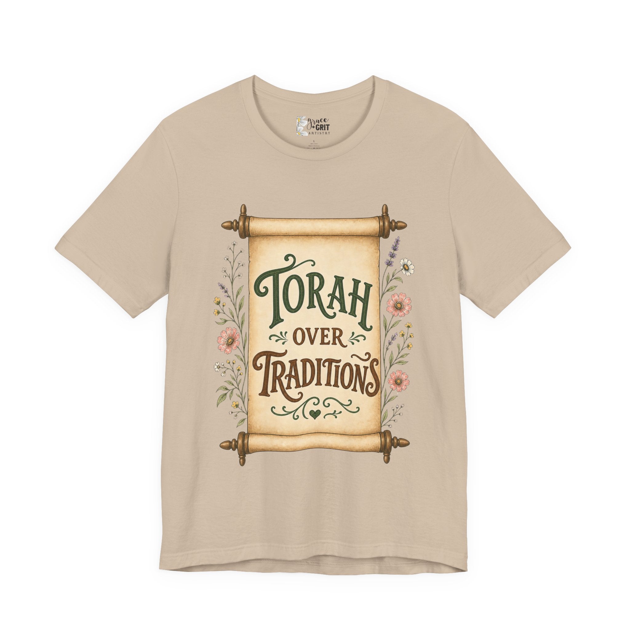 Torah Over Traditions T-Shirt — Vintage Scroll Floral Jewish Pride Tee