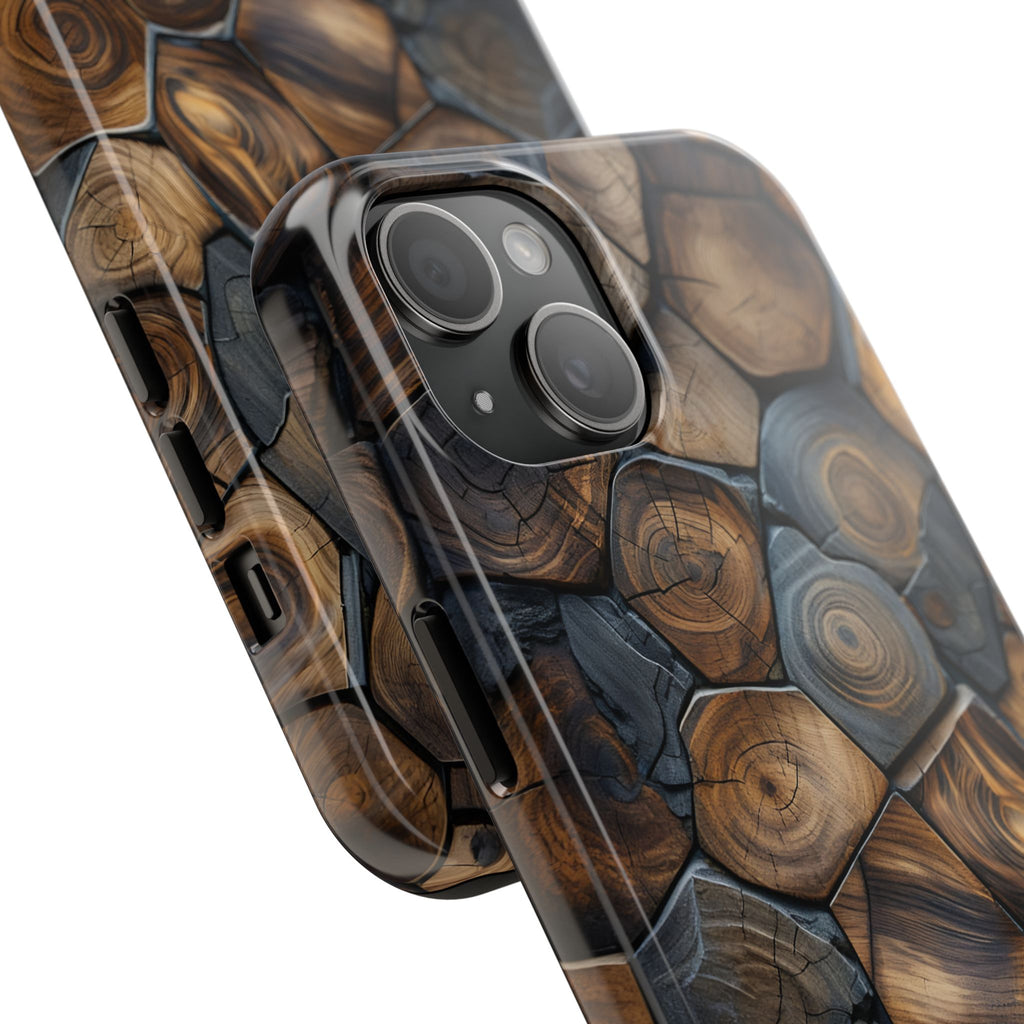 Woodgrain Hex Pattern Tough Phone Case — Rustic Log Cross-Section Design