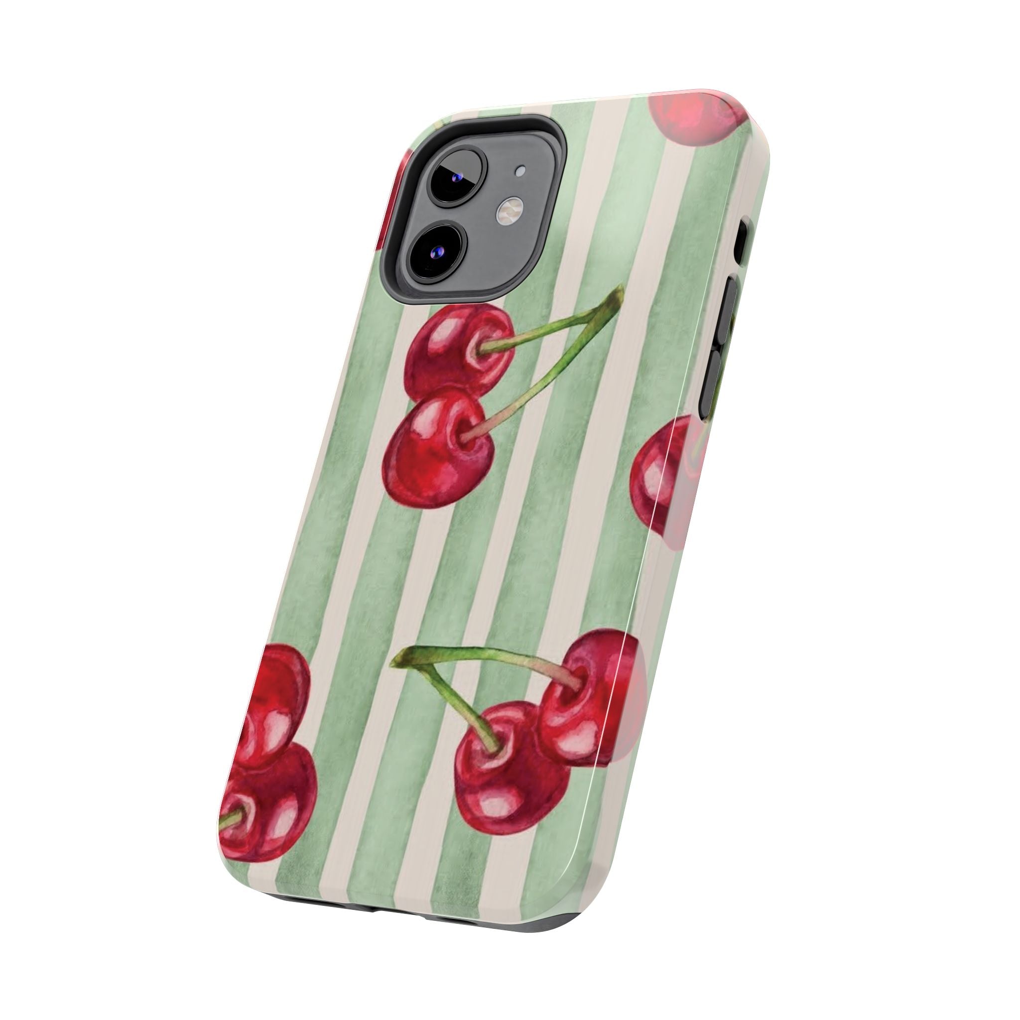 Cherry Stripe Tough Phone Case — Retro Watercolor Cherry Pattern Durable Phone Case