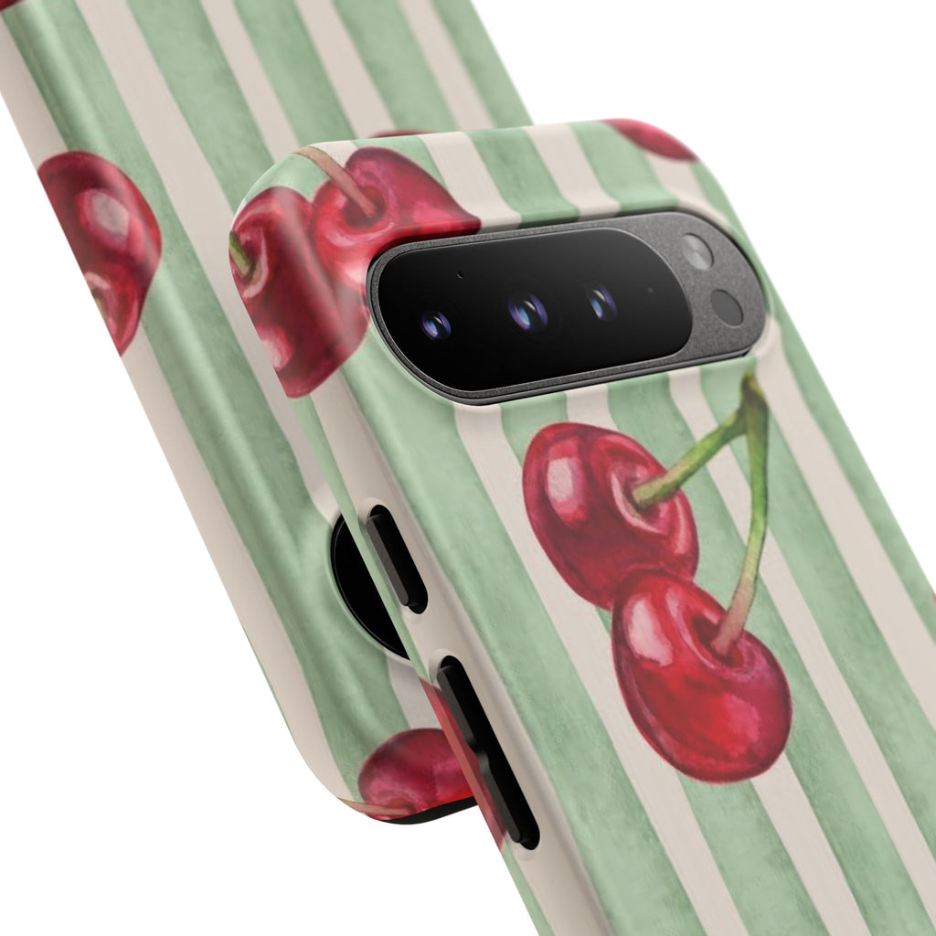 Cherry Stripe Phone Case – Retro Watercolor Cherries on Mint Stripes