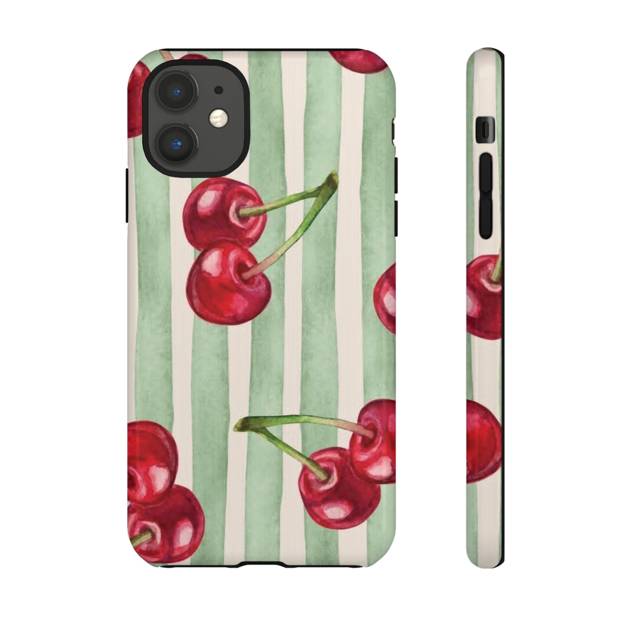 Cherry Stripe Phone Case – Retro Watercolor Cherries on Mint Stripes