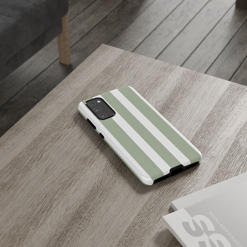 Striped Sage Tough Phone Case — Durable Green & White Vertical Stripe Phone Cover