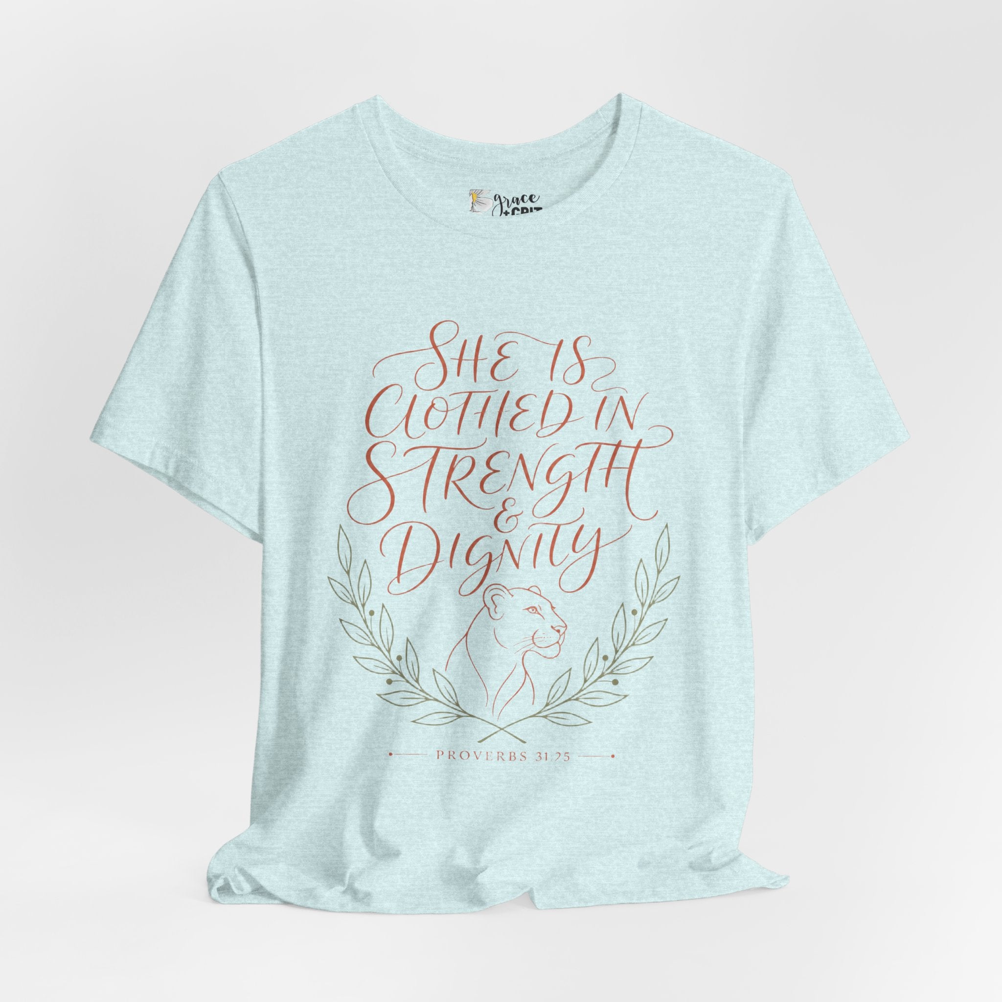 She Is Clothed in Strength & Dignity Tee — Inspirational Christian Women's Graphic T-Shirt