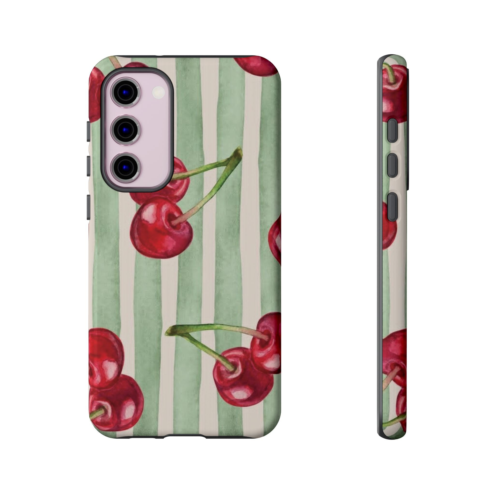 Cherry Stripe Phone Case – Retro Watercolor Cherries on Mint Stripes