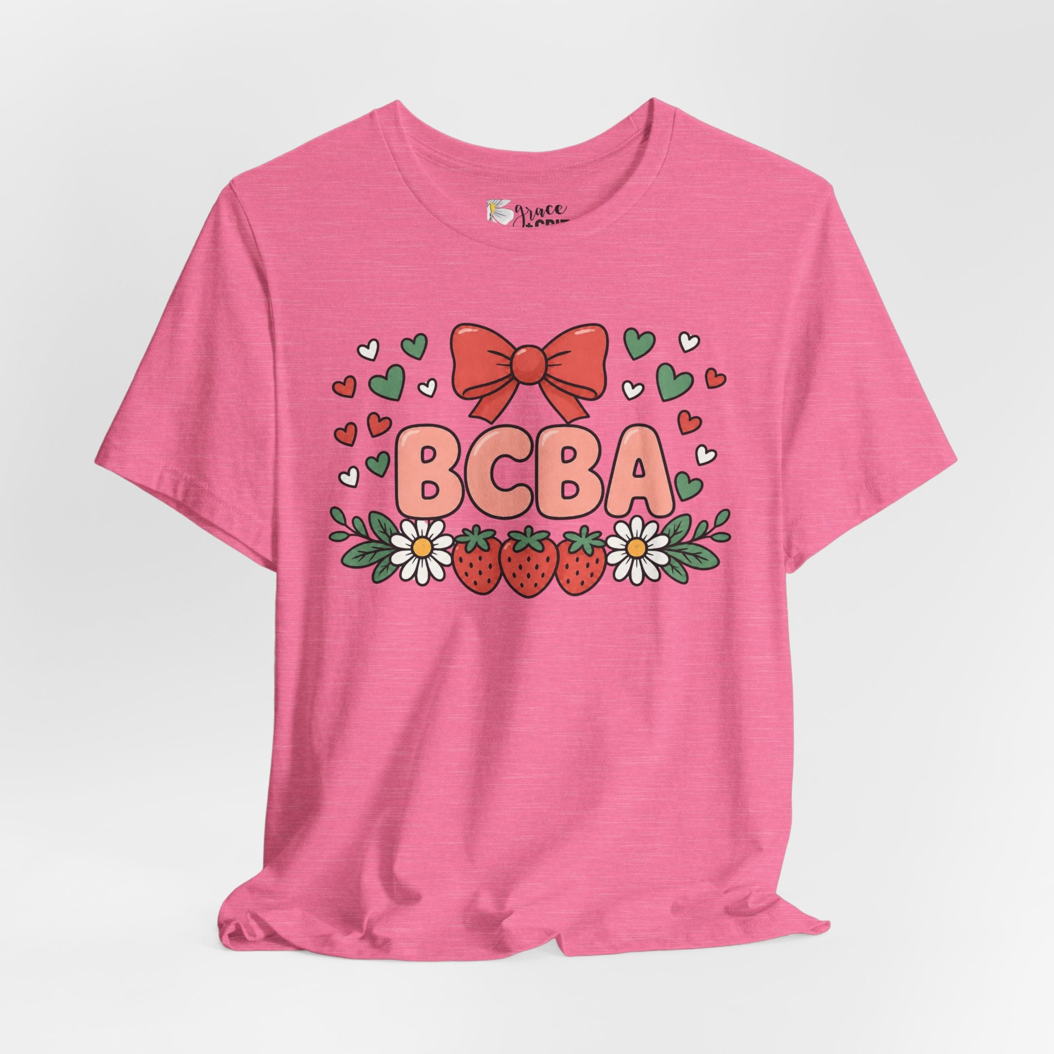 BCBA Strawberry Bow T-Shirt — Cute Floral ABA Therapist Gift