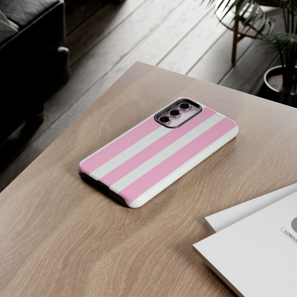 Pink & White Striped Tough Phone Case — Durable Protective Phone Cover
