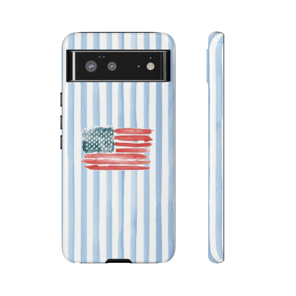 American Flag Watercolor Phone Case - Blue Stripe Tough Case