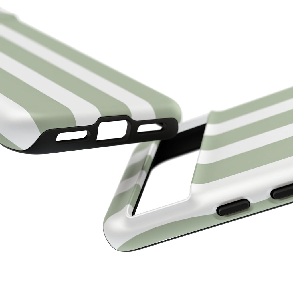 Striped Sage Tough Phone Case — Durable Green & White Vertical Stripe Phone Cover