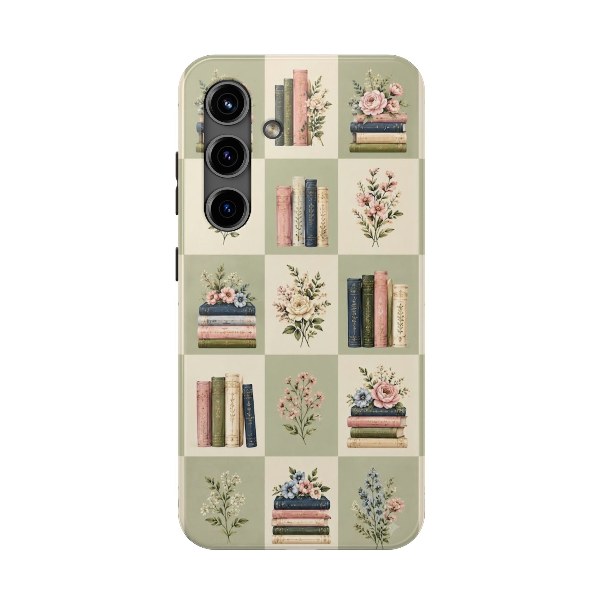 Floral Bookshelf Tough Phone Case — Vintage Floral & Stacked Books Pattern