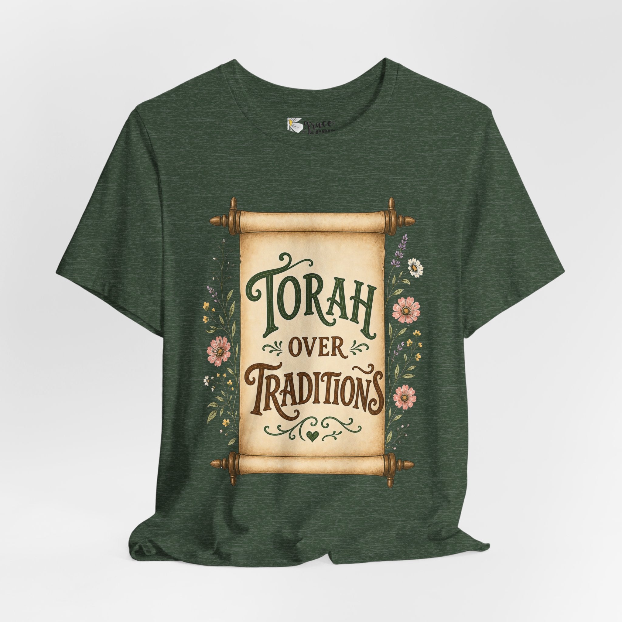 Torah Over Traditions T-Shirt — Vintage Scroll Floral Jewish Pride Tee