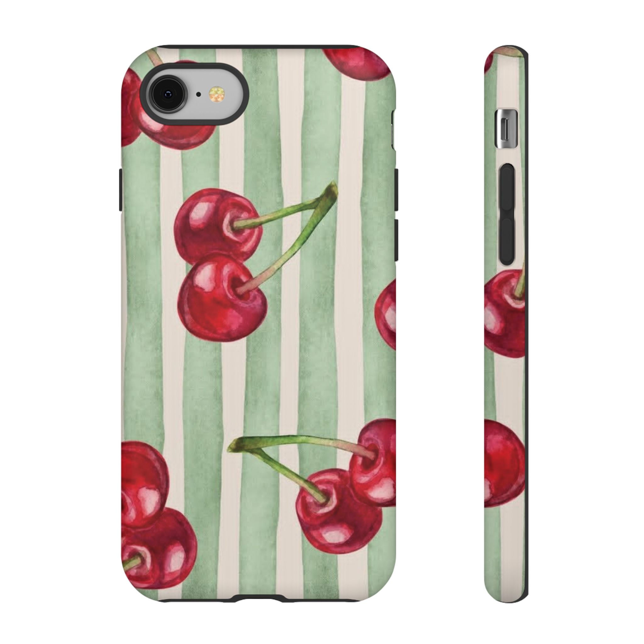 Cherry Stripe Phone Case – Retro Watercolor Cherries on Mint Stripes