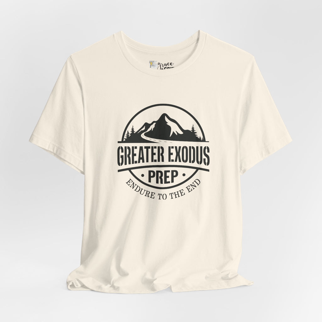 Greater Exodus Prep T-Shirt — Mountain Logo “Endure to the End” Adventure Tee