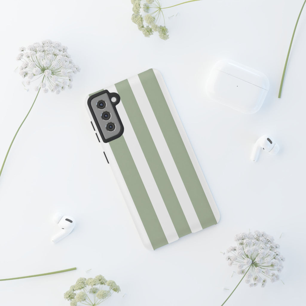 Striped Sage Tough Phone Case — Durable Green & White Vertical Stripe Phone Cover