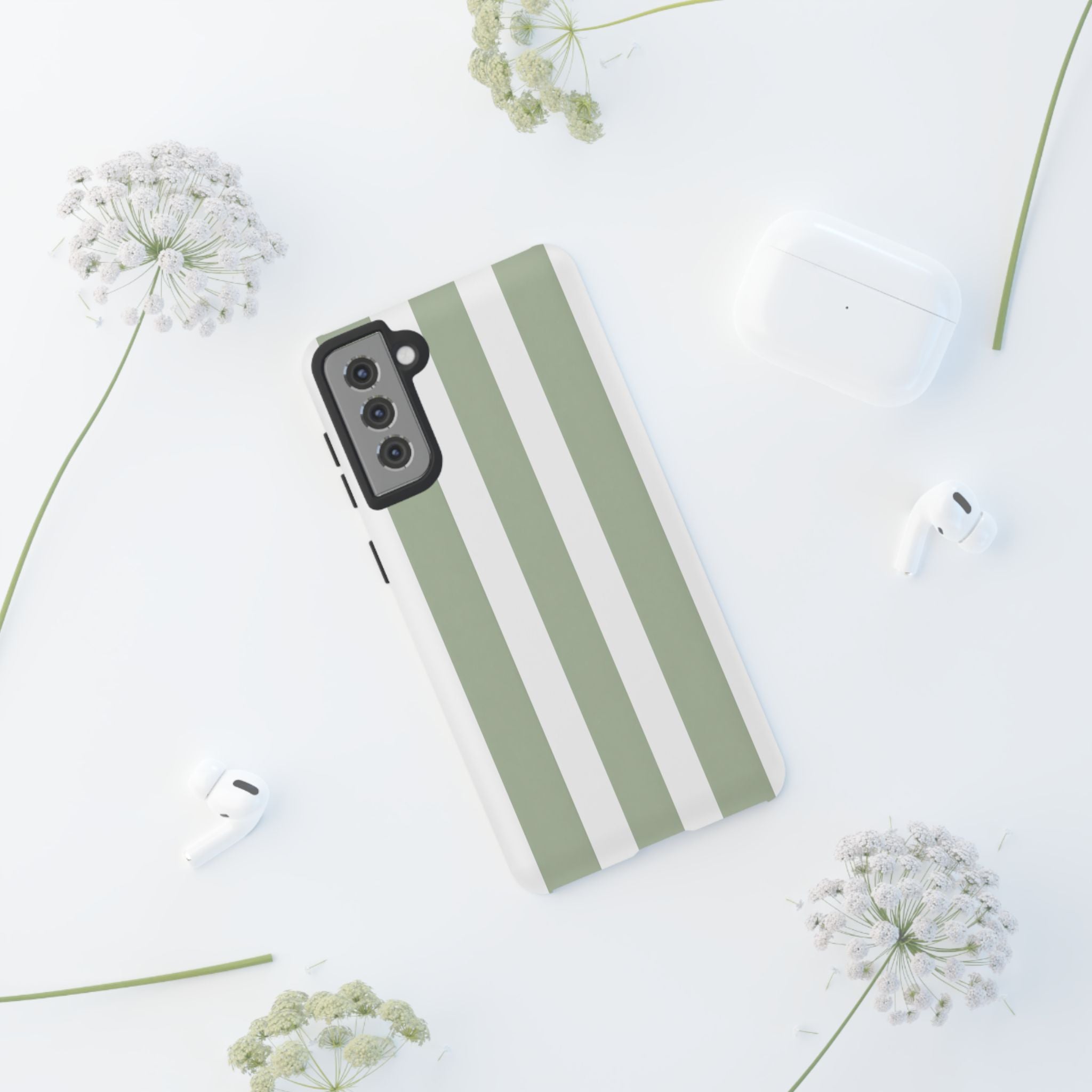 Striped Sage Tough Phone Case — Durable Green & White Vertical Stripe Phone Cover
