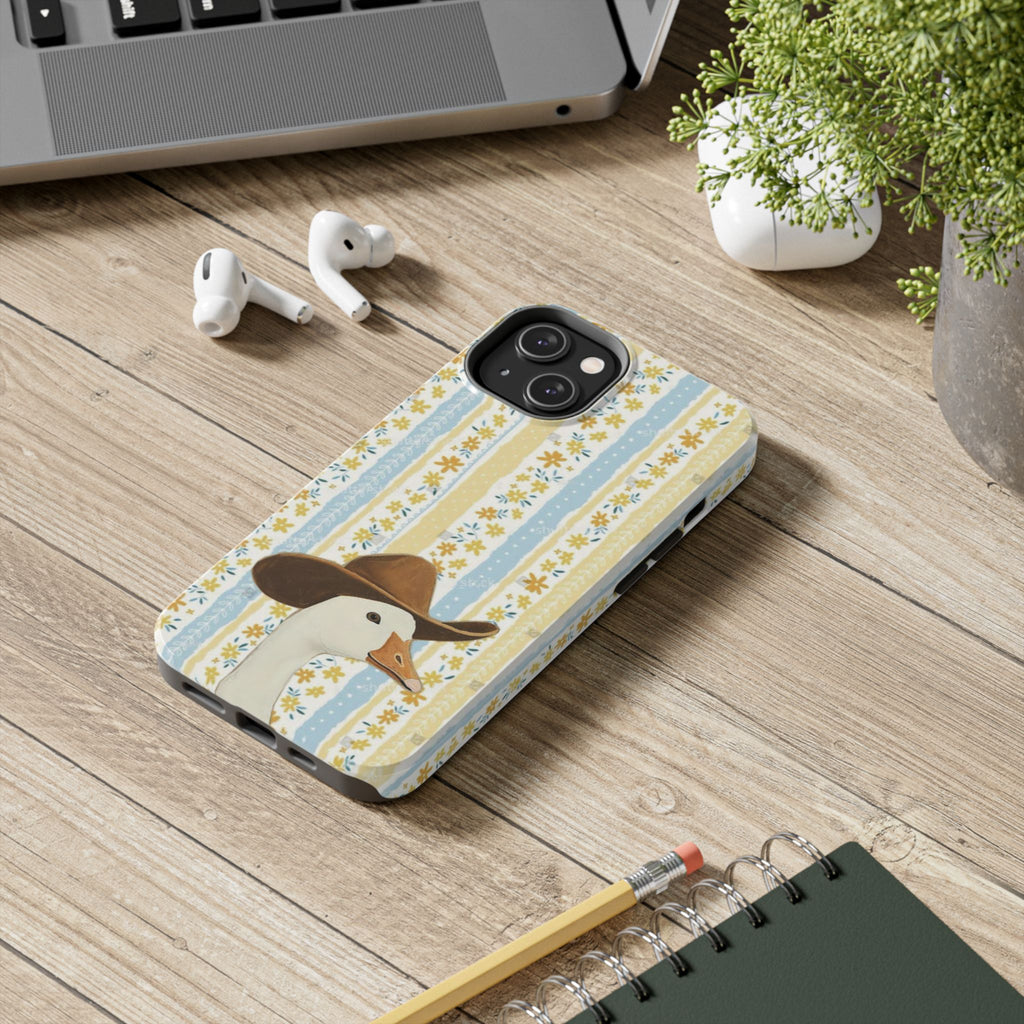 Cowboy Goose Tough Phone Case — Cute Farm Animal iPhone Case with Floral Stripes
