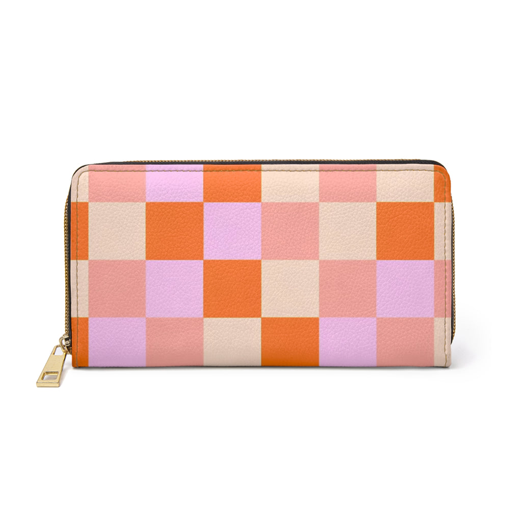 Pastel Checkerboard Zipper Wallet – Pink, Orange & Lavender Geometric Design