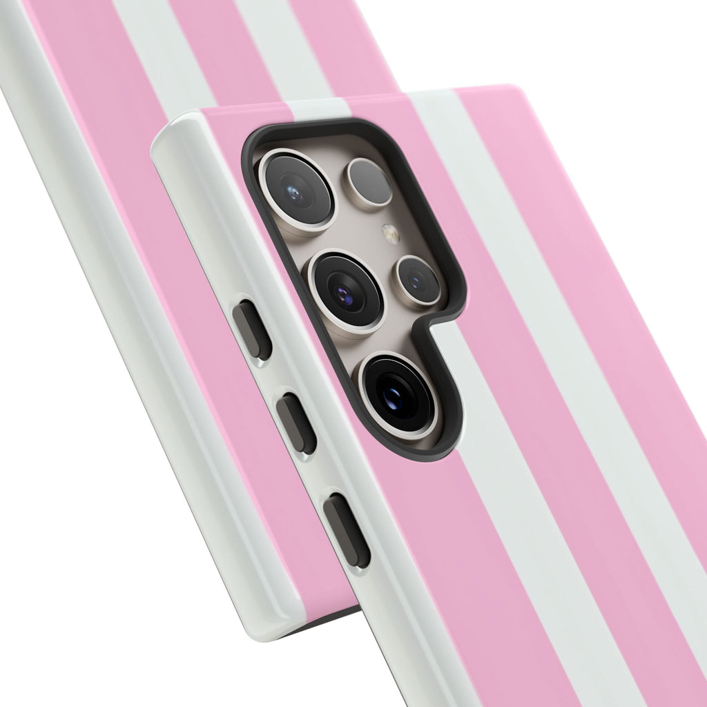 Pink & White Striped Tough Phone Case — Durable Protective Phone Cover