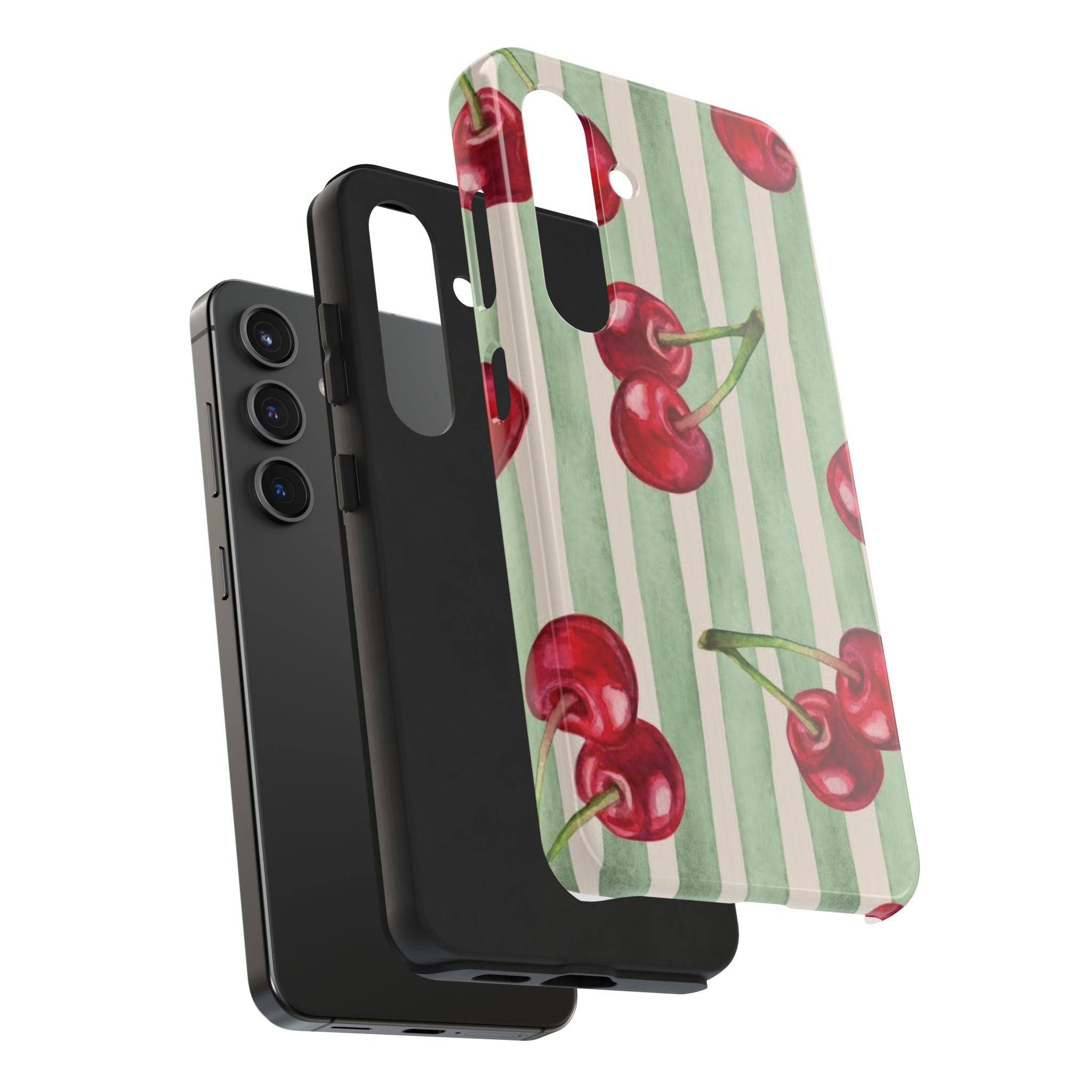 Cherry Stripe Tough Phone Case — Retro Watercolor Cherry Pattern Durable Phone Case