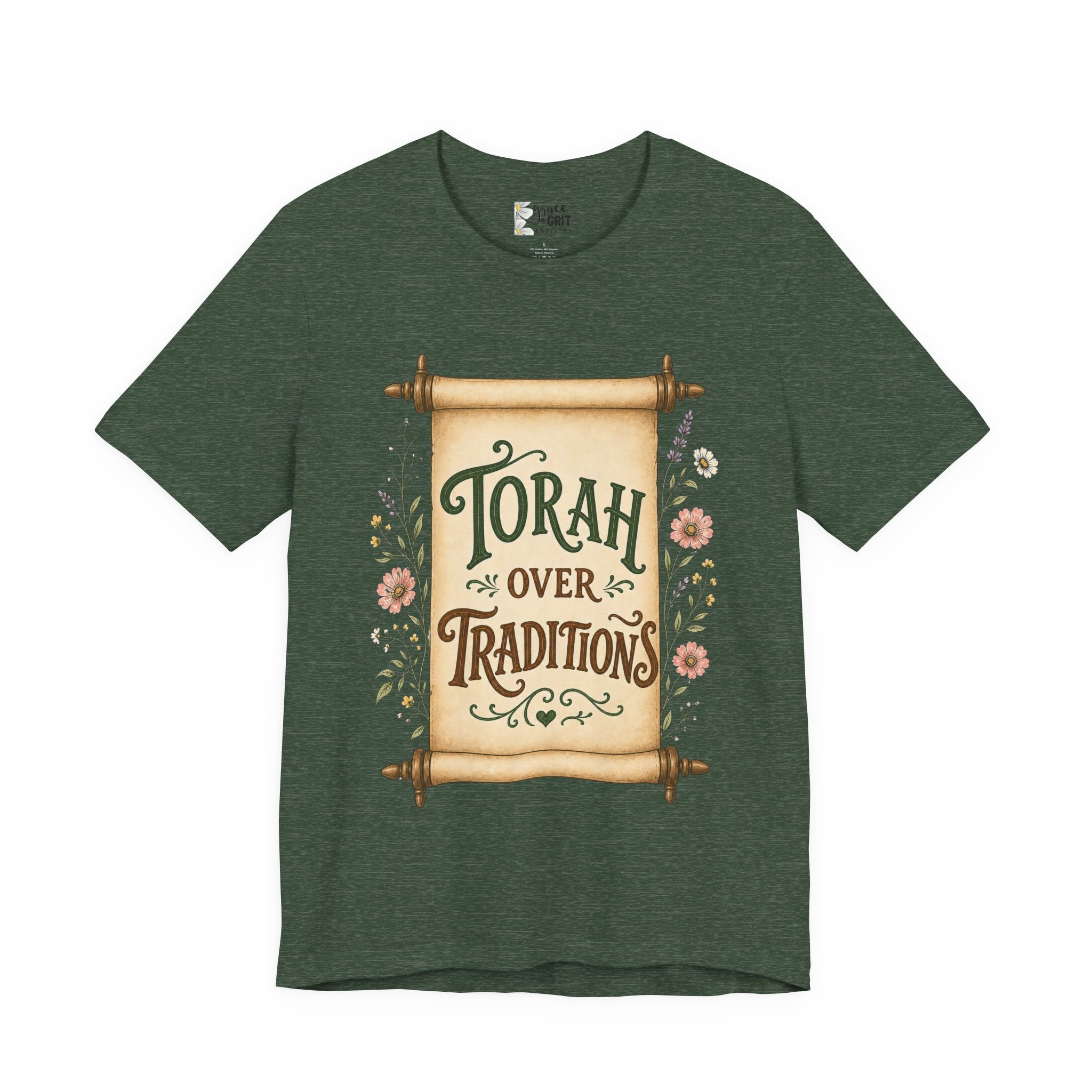 Torah Over Traditions T-Shirt — Vintage Scroll Floral Jewish Pride Tee