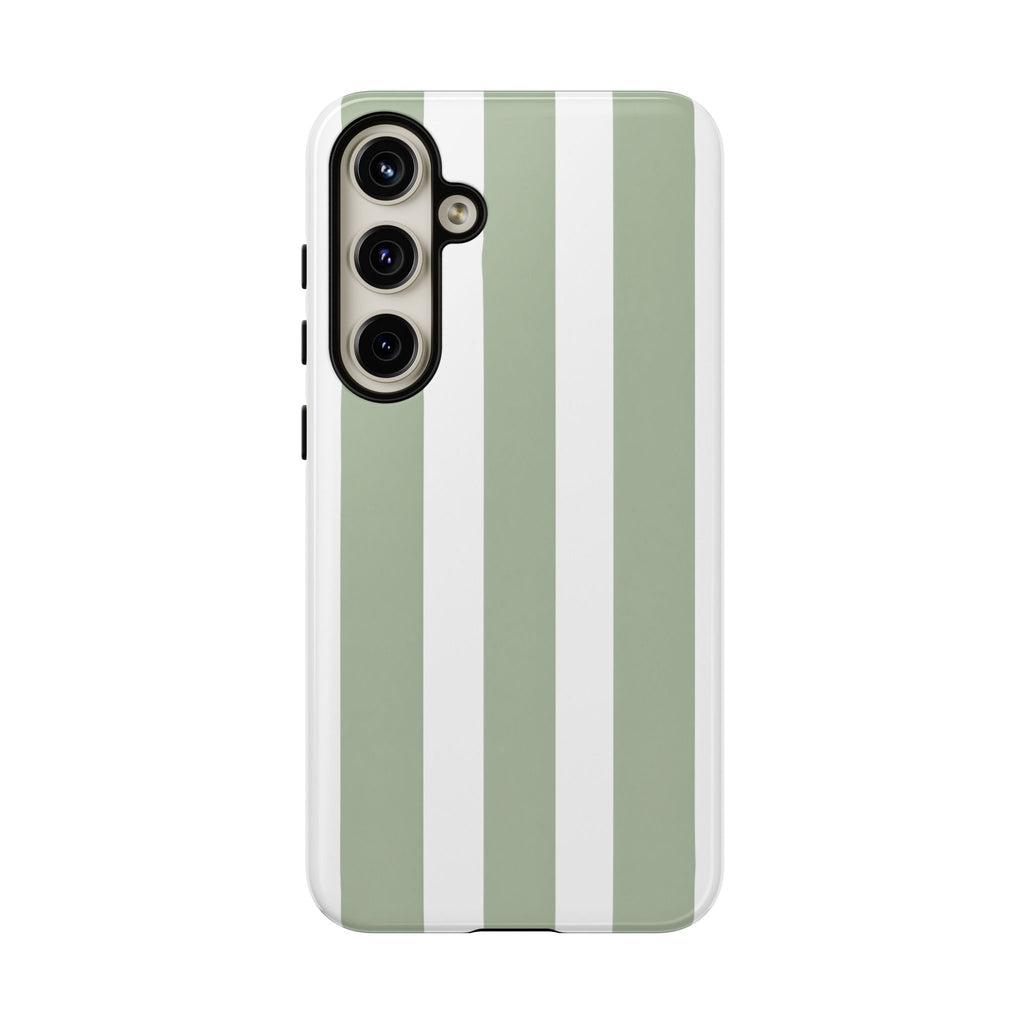 Striped Sage Tough Phone Case — Durable Green & White Vertical Stripe Phone Cover
